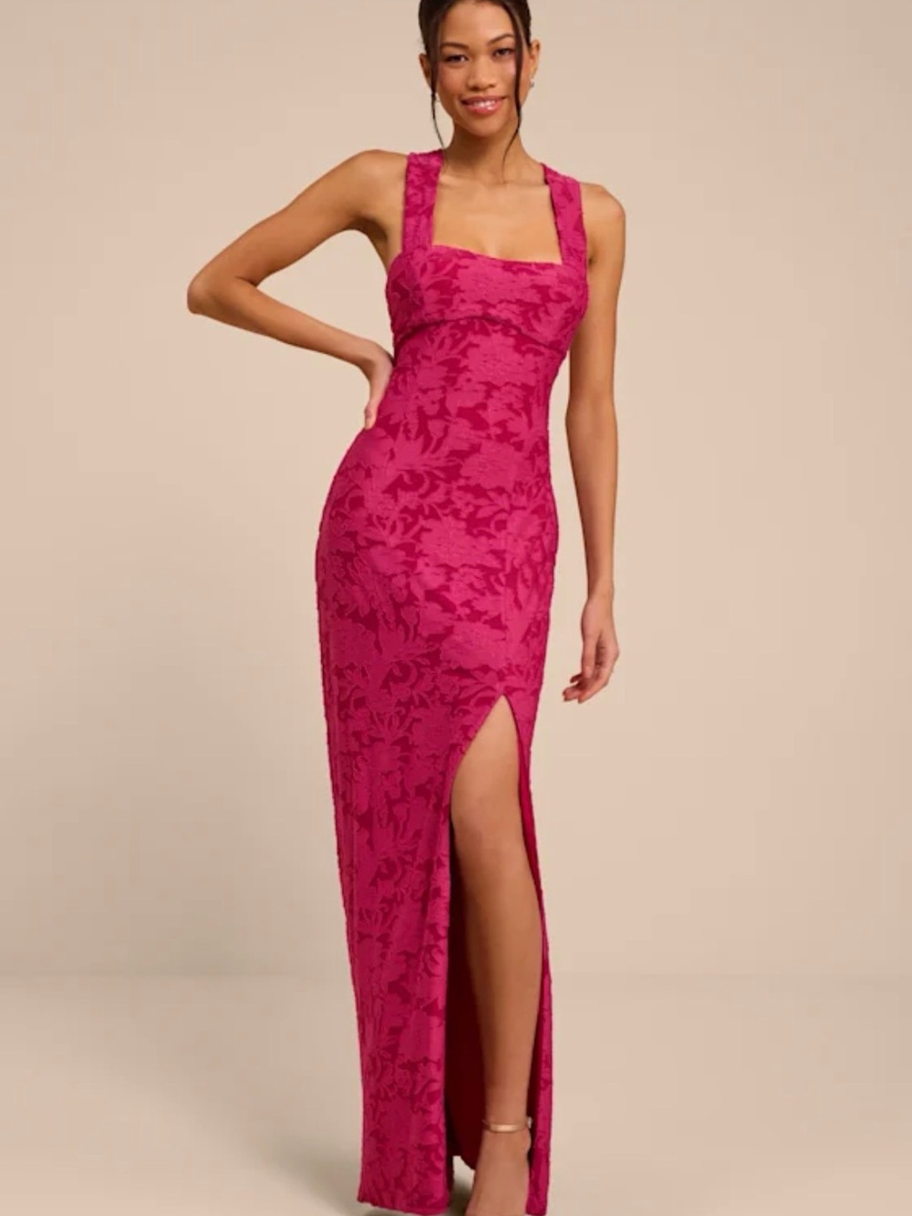 Lulu's Fuchsia Lace Square-Neck Maxi Dress with Thigh Slit
